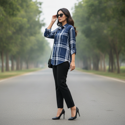 Beloved Navy Checked Viscose Women's Shirt