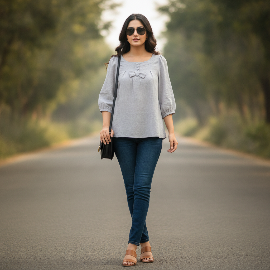 Avant Premier Light Grey Cotton Women's Top