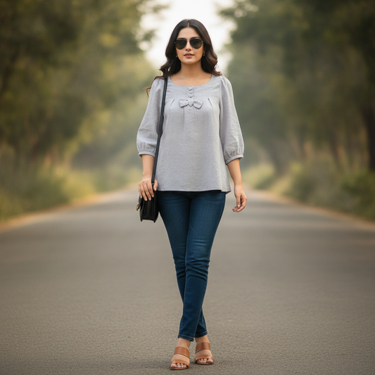 Avant Premier Light Grey Cotton Women's Top