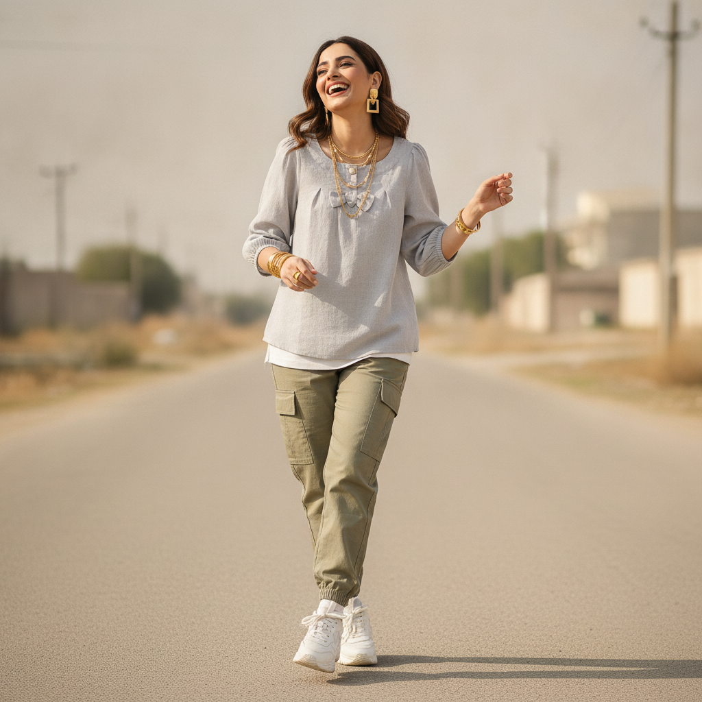 Avant Premier Light Grey Cotton Women's Top