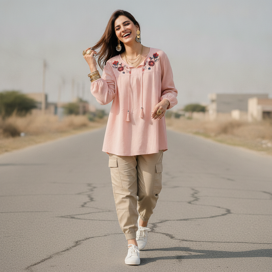 Bonnare Pink Embroidered Viscose Women's Top