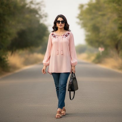 Bonnare Pink Embroidered Viscose Women's Top