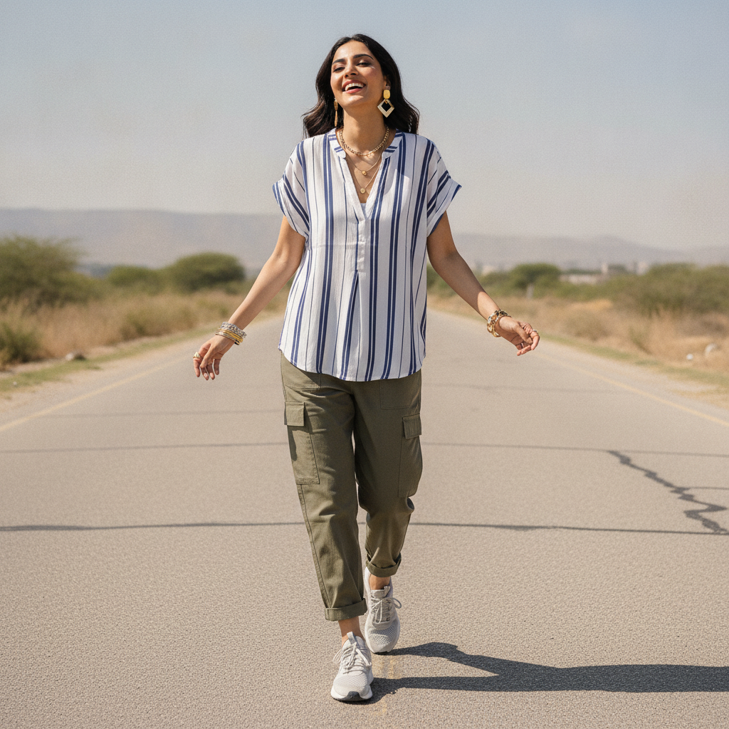 H&M White & Blue Striped Cotton Women's Top