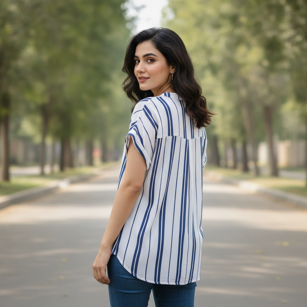 H&M White & Blue Striped Cotton Women's Top