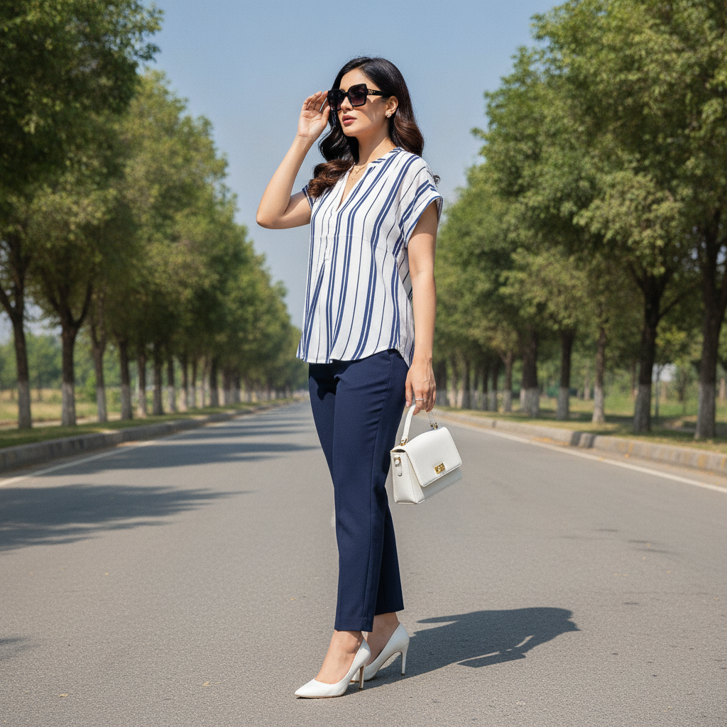 H&M White & Blue Striped Cotton Women's Top