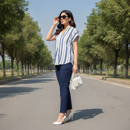 H&M White & Blue Striped Cotton Women's Top