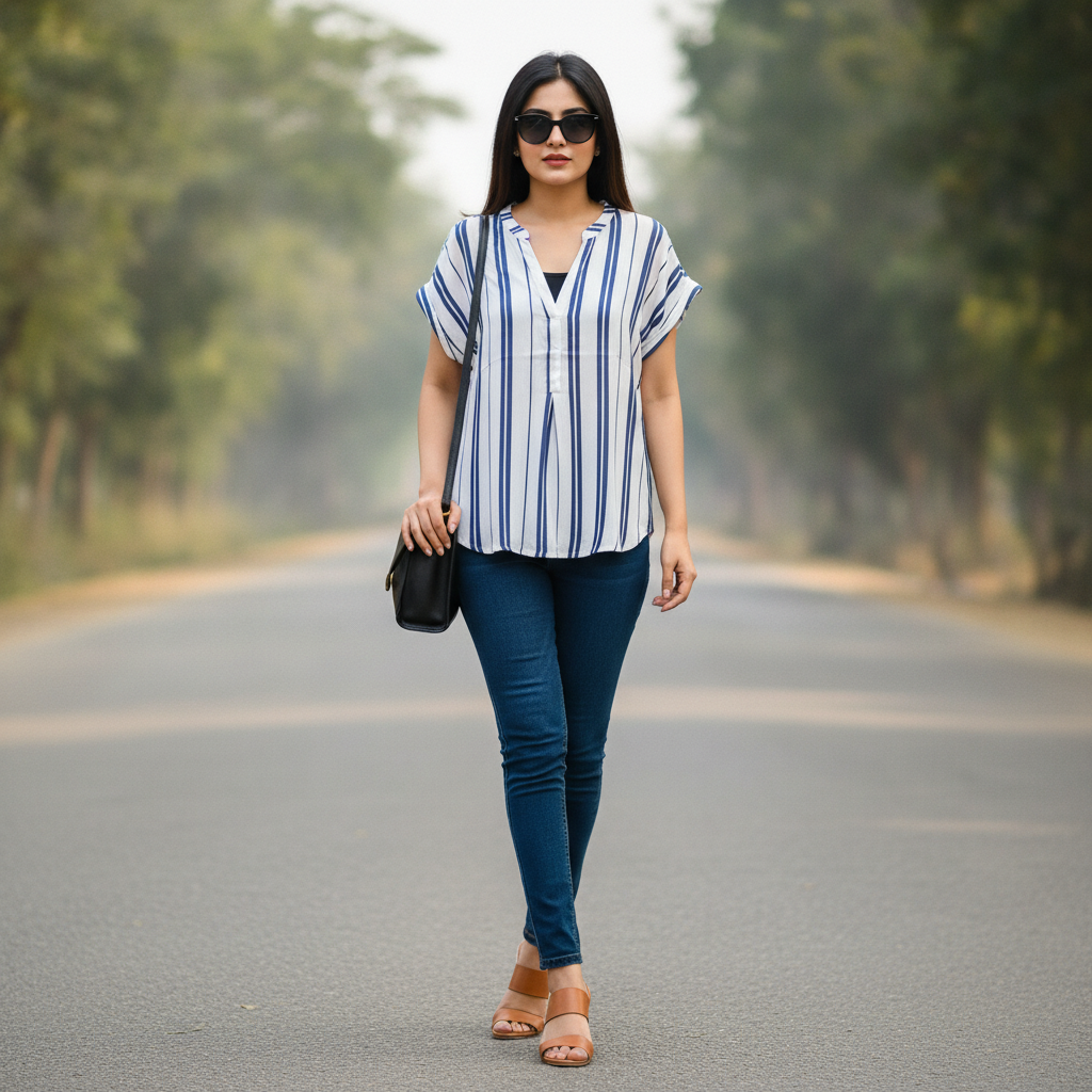 H&M White & Blue Striped Cotton Women's Top