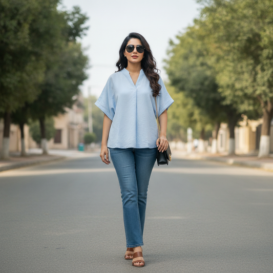 New Collection Light Blue Cotton Women's Top