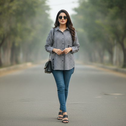 YFL Black & White Checked Cotton Women's Shirt