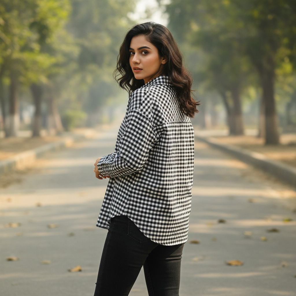 YFL Black & White Checked Cotton Women's Shirt