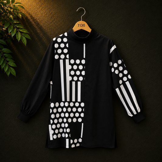 Bonnare Black Geometric Print Cotton Women's Long Top