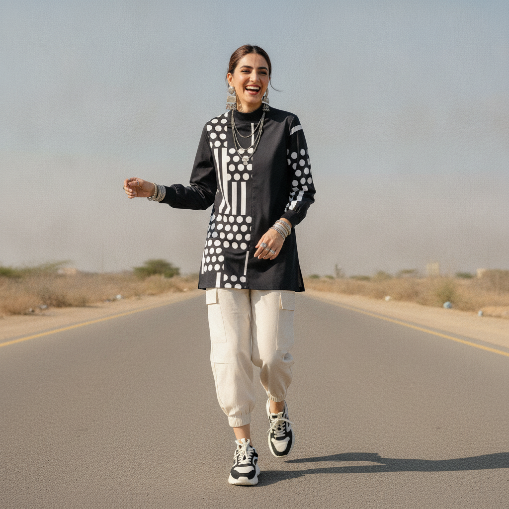 Bonnare Black Geometric Print Cotton Women's Long Top