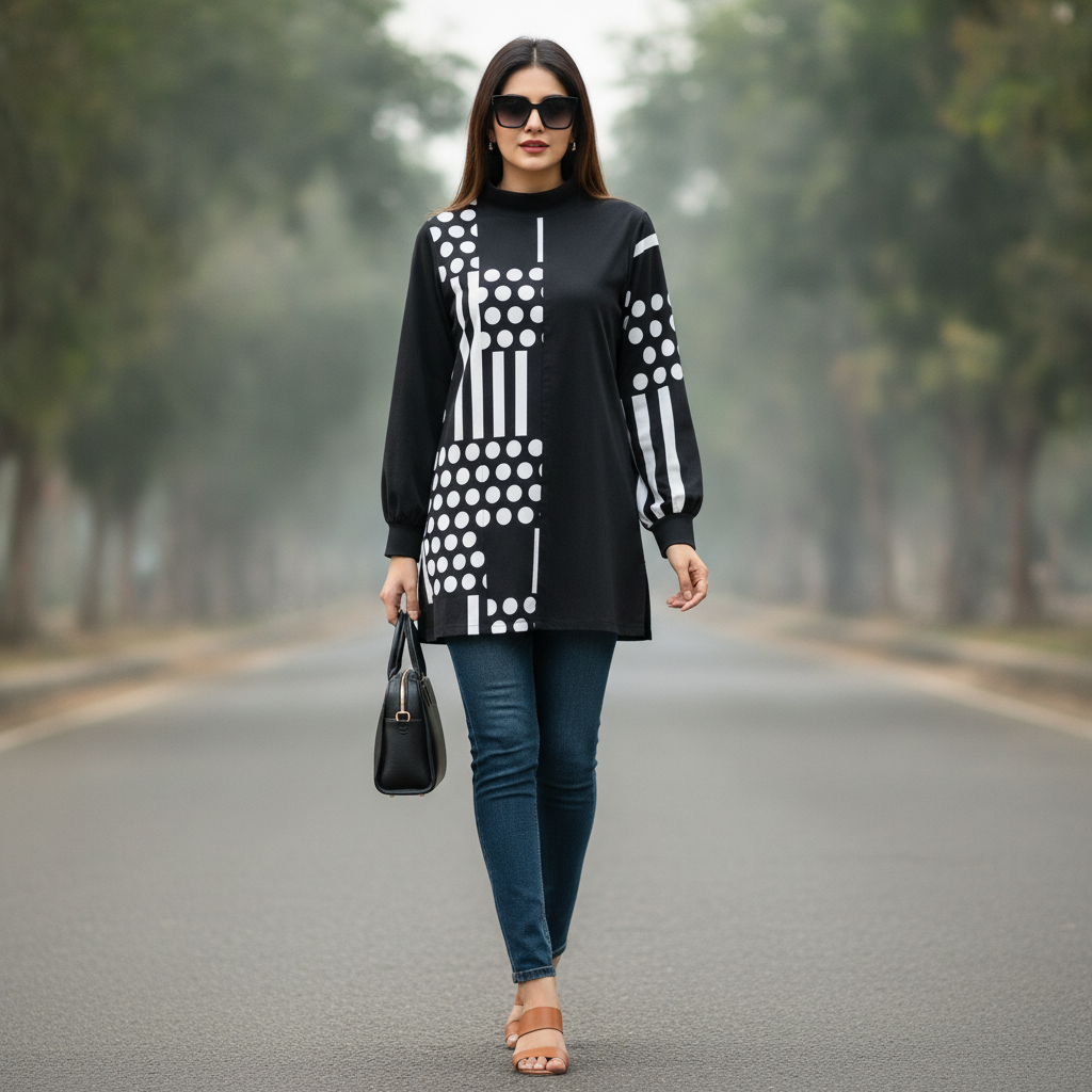Bonnare Black Geometric Print Cotton Women's Long Top