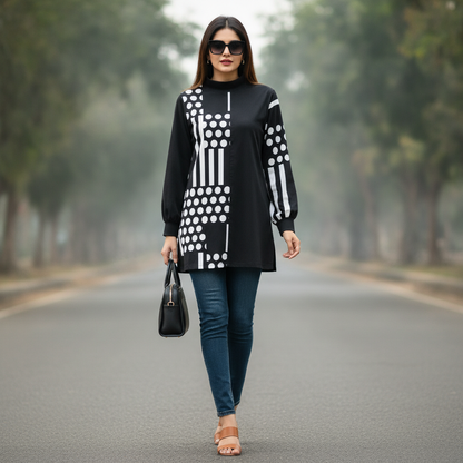 Bonnare Black Geometric Print Cotton Women's Long Top