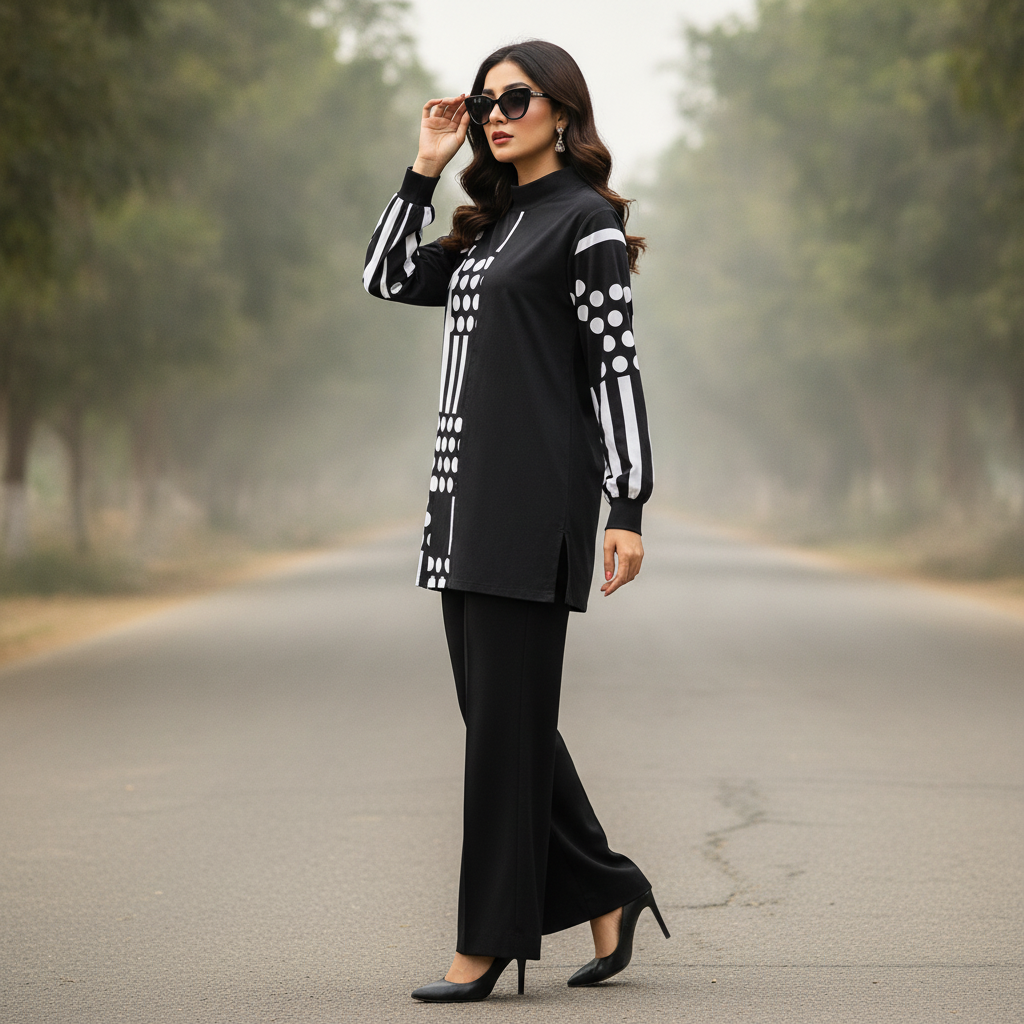 Bonnare Black Geometric Print Cotton Women's Long Top