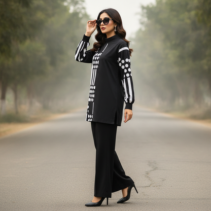 Bonnare Black Geometric Print Cotton Women's Long Top
