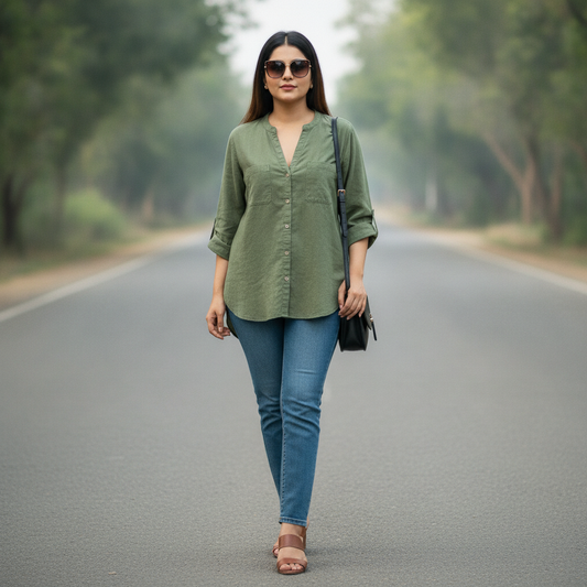 Hema Cotton Olive Green Roll-Tab Shirt