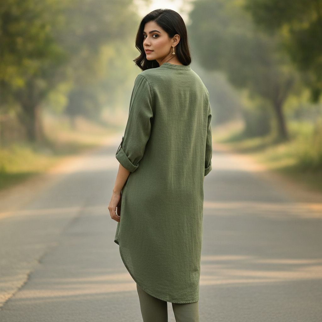 Hema Cotton Olive Green Roll-Tab Shirt