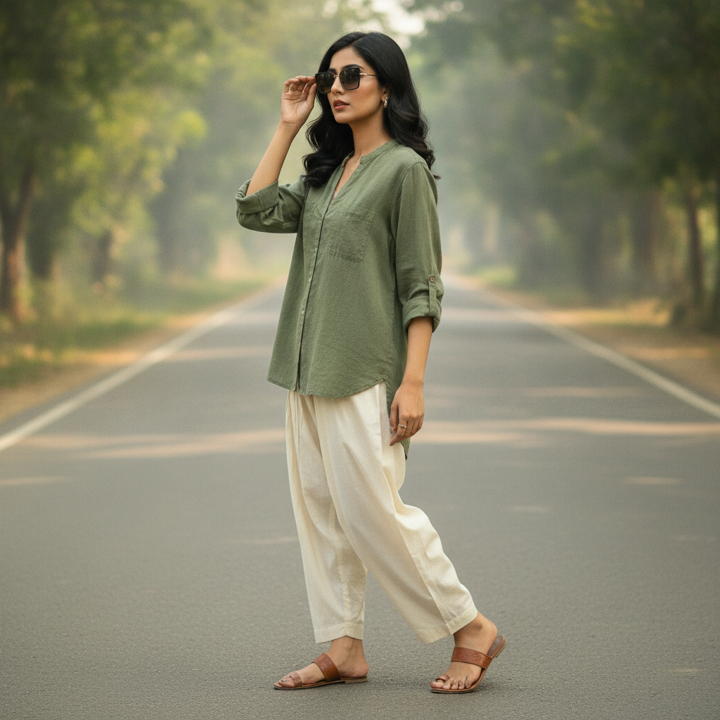 Hema Cotton Olive Green Roll-Tab Shirt