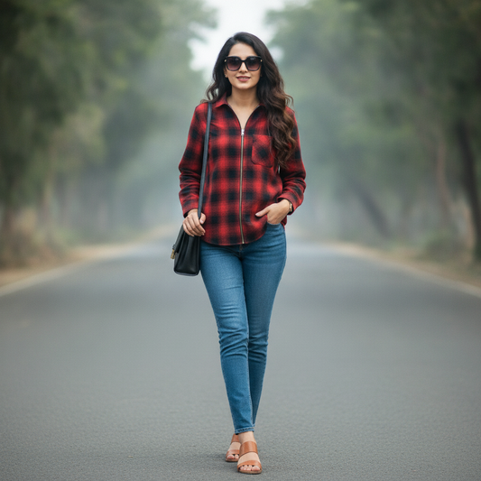 Primark Viscose Zip-Up Checked Shirt