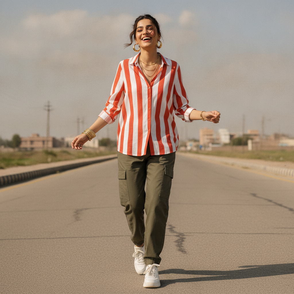Cropp Women's Red & White Striped Viscose Button-Up Shirt
