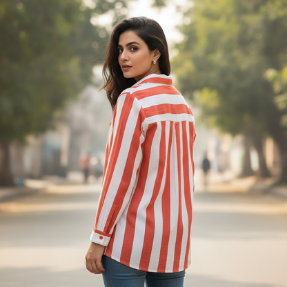 Cropp Women's Red & White Striped Viscose Button-Up Shirt