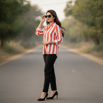 Cropp Women's Red & White Striped Viscose Button-Up Shirt