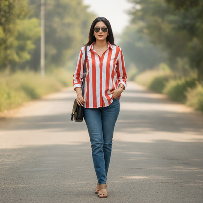 Cropp Women's Red & White Striped Viscose Button-Up Shirt