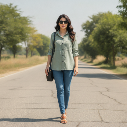 Zara Women's Sage Green Cotton Utility Shirt