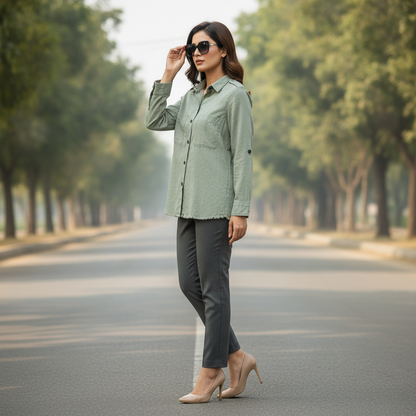 Zara Women's Sage Green Cotton Utility Shirt