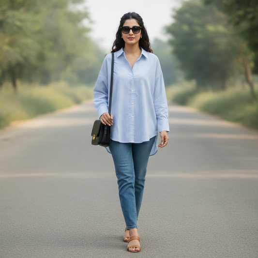 Zara Women's Light Blue Striped Oversized Cotton Shirt