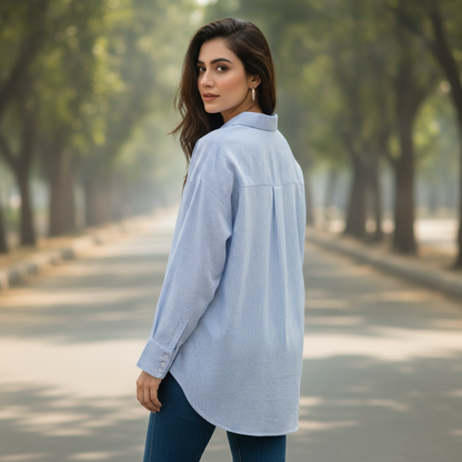 Zara Women's Light Blue Striped Oversized Cotton Shirt