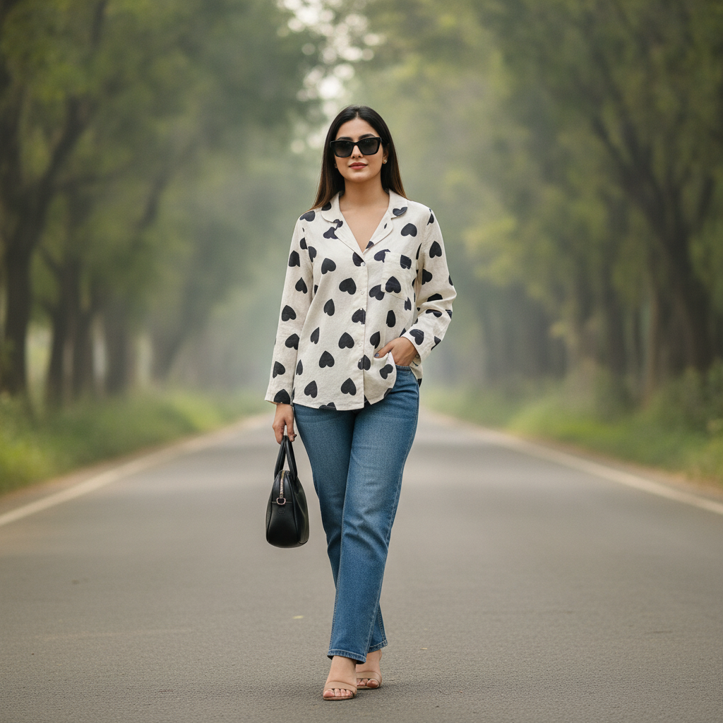 Bonnare Women's White Heart Print Viscose Shirt
