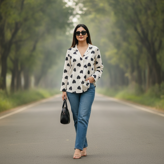 Bonnare Women's White Heart Print Viscose Shirt