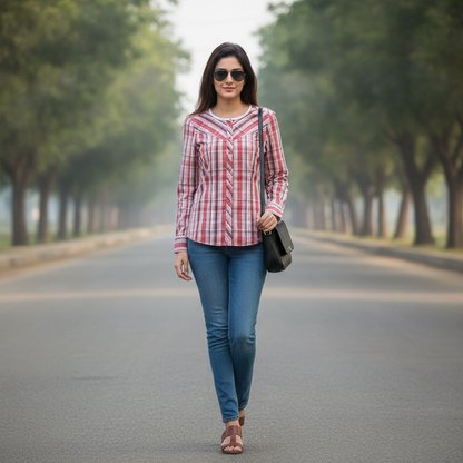 Street One Women's Red Plaid Cotton Button-Up Shirt