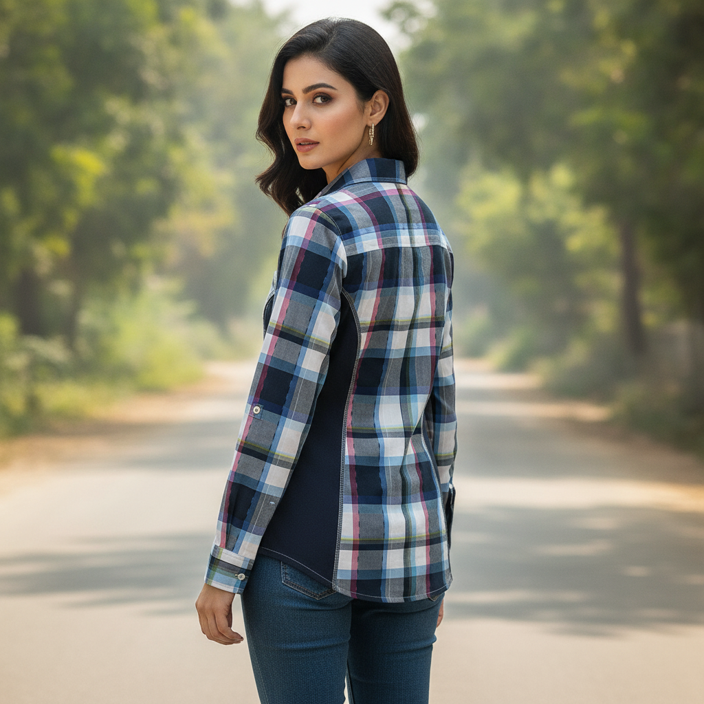 FER Women's Blue Check Zip-Front Cotton Shirt