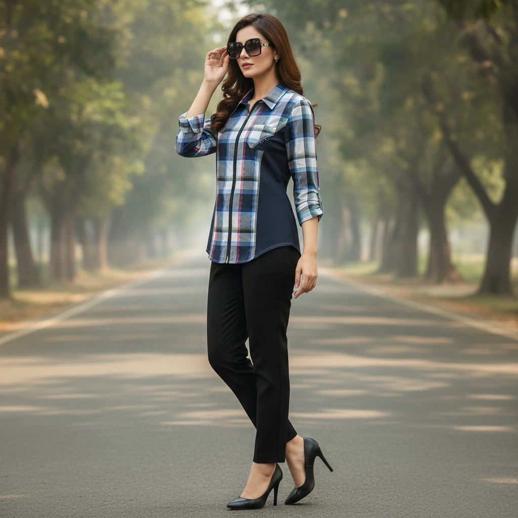 FER Women's Blue Check Zip-Front Cotton Shirt