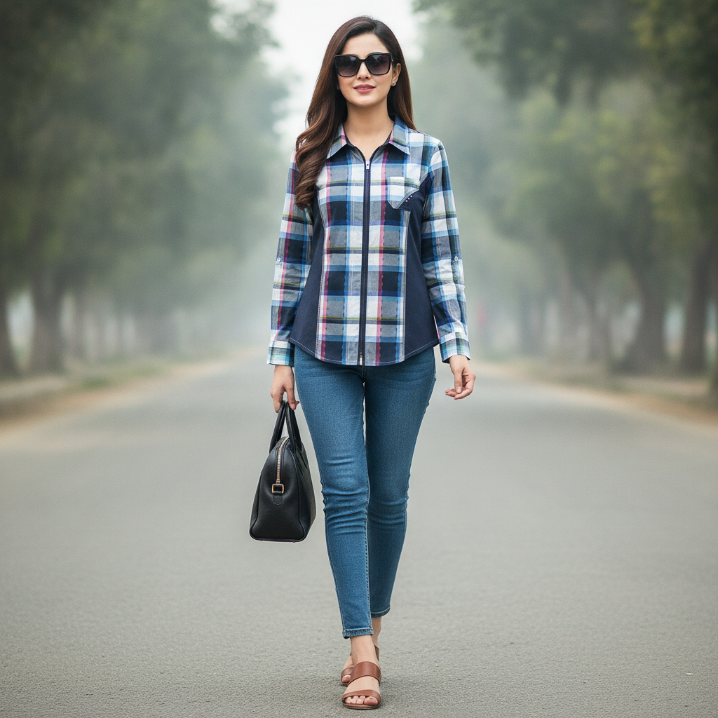 FER Women's Blue Check Zip-Front Cotton Shirt