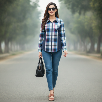 FER Women's Blue Check Zip-Front Cotton Shirt