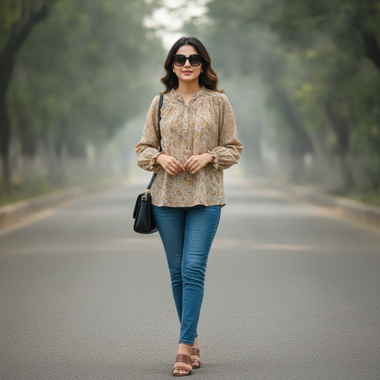 RBLZ Women's Beige Paisley Print Viscose Peasant Top