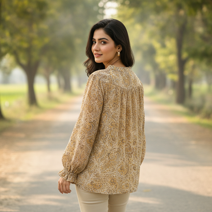 RBLZ Women's Beige Paisley Print Viscose Peasant Top