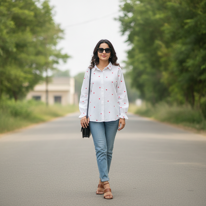 Bonnare Women's White Heart Print Viscose Button-Up Shirt