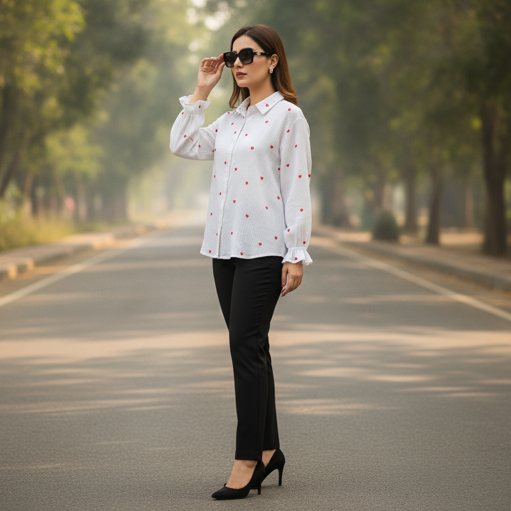 Bonnare Women's White Heart Print Viscose Button-Up Shirt