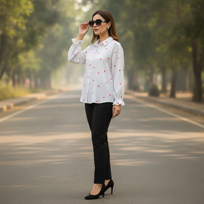 Bonnare Women's White Heart Print Viscose Button-Up Shirt