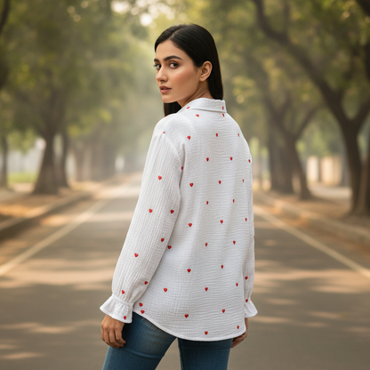 Bonnare Women's White Heart Print Viscose Button-Up Shirt
