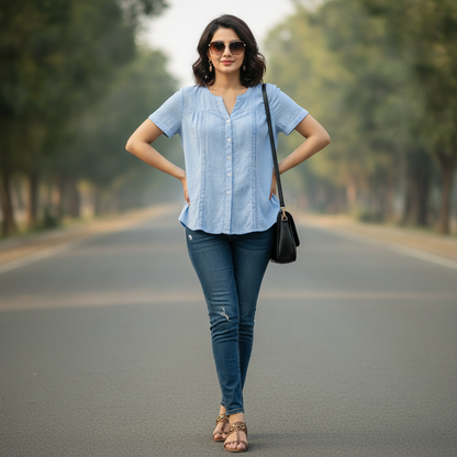 John Baner Women's Sky Blue Cotton Button-Up Blouse