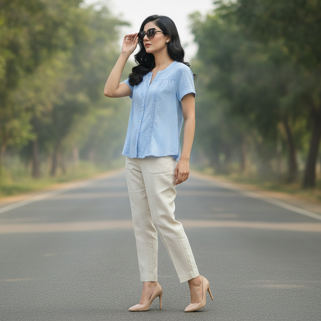 John Baner Women's Sky Blue Cotton Button-Up Blouse
