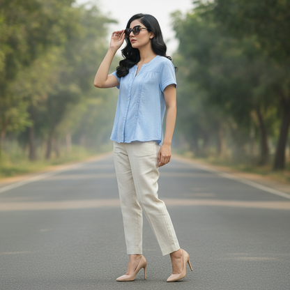 John Baner Women's Sky Blue Cotton Button-Up Blouse