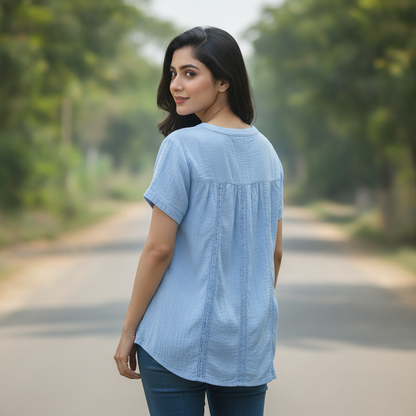 John Baner Women's Sky Blue Cotton Button-Up Blouse