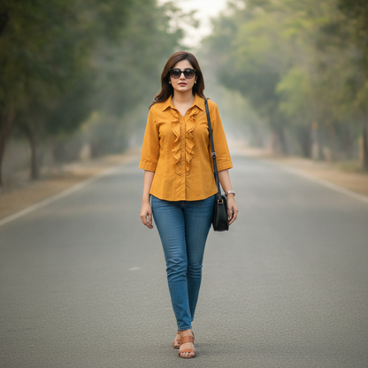 Fair Lady Women's Mustard Ruffle Front Viscose Shirt